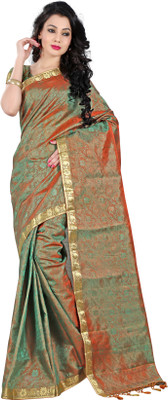 

Mimosa Woven Kanjivaram Art Silk Saree(Green, Orange)