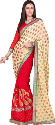 

Khoobee Self Design, Embroidered, Embellished Fashion Georgette Saree(Red, Beige), Beige;red