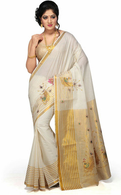 Selvamani Tex Solid/Plain Mundum Neriyathum Handloom Cotton Blend Saree(White)