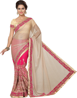 

Ishin Embellished Fashion Lycra Saree(Beige), Chiku;pink