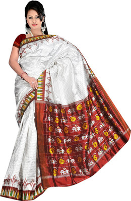 

Roopkala Silks Woven Pochampally Handloom Pure Silk Saree(White)