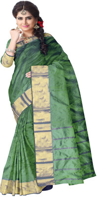 

Javuli Woven Arani Pattu Handloom Silk Cotton Blend Saree(Green, Gold), Gold;green