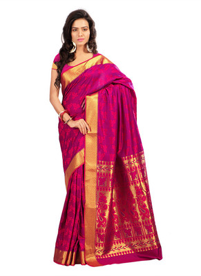 Varkala Silk Sarees Woven Kanjivaram Jacquard Saree(Pink, Purple), Rani