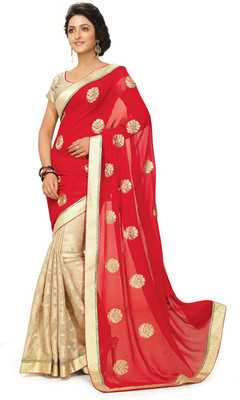 Indianbeauty Self Design, Embroidered Bollywood Georgette Saree(Red, Beige), Beige;red