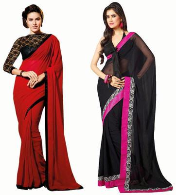 Stylezone Self Design Fashion Chiffon Saree(Pack of 2, Red, Black), Black;red