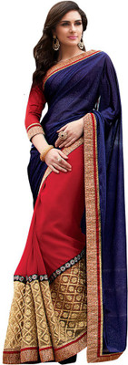 

Desi Butik Embroidered Fashion Georgette, Net, Lycra Saree(Blue, Red, Beige), Blue and red and beige
