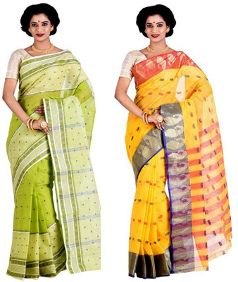 

Purabi Woven Tangail Cotton Saree(Pack of 2, Light Green, Yellow)