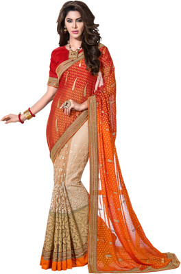 

Jiya Self Design, Embroidered, Embellished Fashion Net, Jacquard Saree(Orange, Beige), Beige;orange