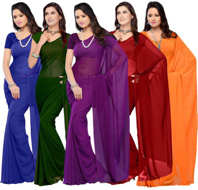 Multi Retail Printed Daily Wear Georgette Saree(Pack of 5, Blue, Green, Purple, Red, Orange), Blue02;green04;orange04;purple02;red02