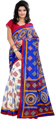 

JTInternational Printed Bhagalpuri Silk Saree(Blue, White)