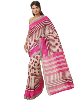 

JTInternational Printed Bhagalpuri Silk Saree(Pink, Beige), Beige;pink