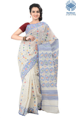 

Tantuja Solid Jamdani Handloom Cotton Saree(White)