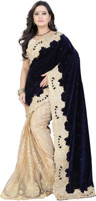 jayant creation Self Design Fashion Velvet, Cotton Blend Saree(Blue, Beige)
