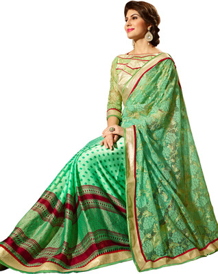Khoobee Self Design, Printed Fashion Silk, Net Saree(Green, Green)