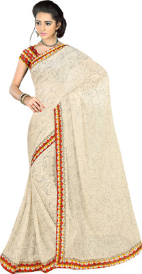 

Khushali Self Design, Printed Fashion Crepe, Art Silk Saree(White)