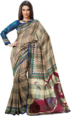 

K D Collection Printed Daily Wear Silk Saree(Blue), Blue;cream