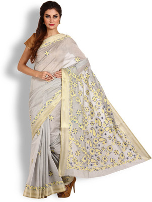 

Kasturi-B Swadeshi Karigari Embroidered Lucknow Chikankari Kota Saree(Grey)