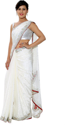 

Ellegent Plain Fashion Crepe, Jacquard Saree(White)