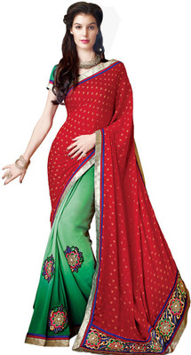 

Desi Butik Embroidered Fashion Georgette Saree(Red, Green), Red and green