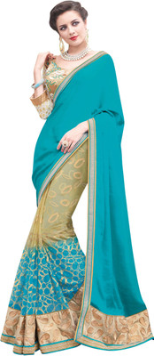 

Khushali Self Design, Embroidered, Embellished Fashion Net, Satin, Chiffon Saree(Light Blue, Beige), Beige;light blue