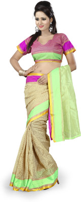 

Ishin Solid, Checkered Fashion Cotton Saree(Beige)
