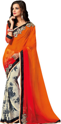 

Desi Butik Embroidered Fashion Georgette Saree(Orange, Pink, White), Orange and pink and cream