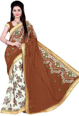 

Lovely Look Embroidered Daily Wear Georgette Saree(Brown, White), Brown & off white