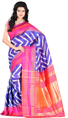 

Roopkala Silks Printed Pochampally Handloom Pure Silk Saree(Multicolor), Dark blue