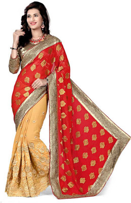 

Khoobee Self Design, Embroidered, Embellished Fashion Jacquard Saree(Red, Beige, Beige;red