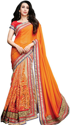 Desi Butik Embroidered Fashion Net Saree(Orange, Beige), Orange and beige