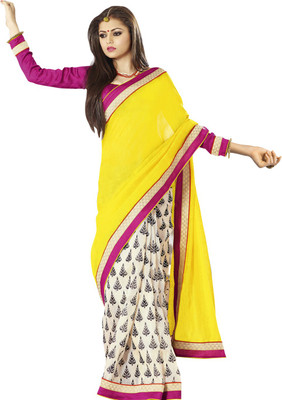 

Saara Printed Fashion Silk Saree(Yellow, White), Yellow and off-white