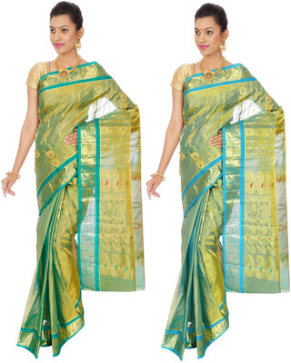 

Mahaveersilkcreations Woven Kanjivaram Pure Silk Saree(Pack of 2, Multicolor), Multi