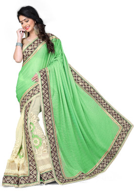 

Khoobee Self Design, Embroidered, Embellished Fashion Georgette, Lycra Saree(Light Green, Beige), Beige;light green