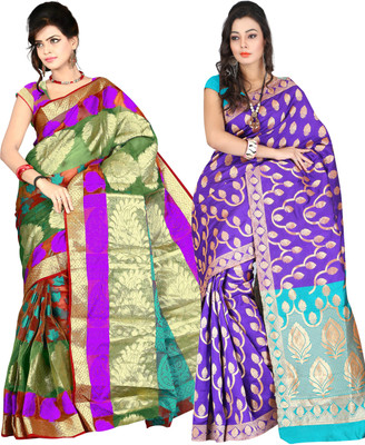 

It's Banii Woven Banarasi Handloom Banarasi Silk Saree(Pack of 2, Purple, Blue), Blue;purple