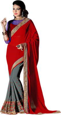 

Khoobee Self Design, Embroidered Fashion Georgette Saree(Red, Grey, Blue), Blue;grey;red