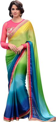 Brijraj Embellished Fashion Georgette Saree(Blue, Green, Yellow)