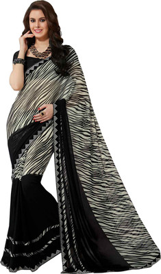 Ishin Printed Fashion Georgette Saree(Black), Black & white