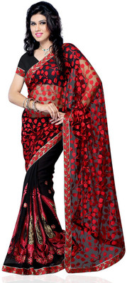 

JTInternational Self Design Bollywood Handloom Georgette Saree(Red, Black), Black;red