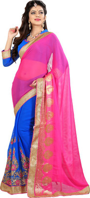 

Saara Embroidered Fashion Cotton Saree(Pink, Blue), Pink and blue