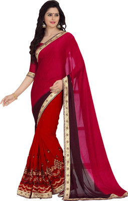 

Lovelylook Embroidered Daily Wear Jacquard, Georgette Saree(Red, Brown)