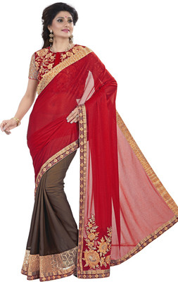

Saara Embroidered Fashion Lycra Saree(Red, Brown), Red and brown