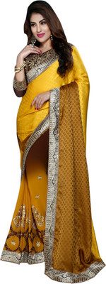 

Khoobee Self Design, Embroidered, Embellished Fashion Georgette, Crepe, Jacquard Saree(Yellow, Brown), Brown;yellow