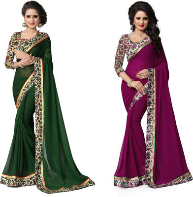 Indianbeauty Printed Fashion Chiffon Saree(Pack of 2, Purple, Dark Green) Flipkart