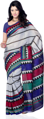 

JTInternational Geometric Print Fashion Art Silk Saree(White)