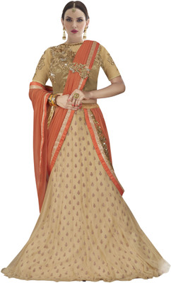 

Jiya Self Design, Embroidered, Embellished Fashion Net Saree(Beige, Pink)