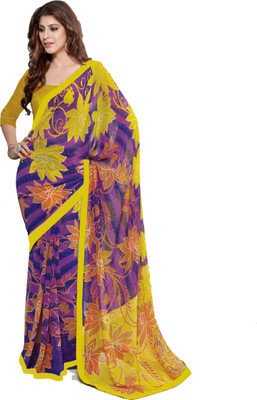 

K D Collection Printed Daily Wear Chiffon Saree(Yellow), Purple-yellow