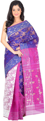 

RLBFashion Dhakai Self Design Jamdani Handloom Cotton Saree(Pink, Blue, White), Blue;pink;white