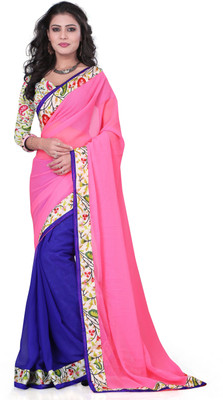 

Omkarcreation Solid Bollywood Chiffon Saree(Pink, Blue), Multicolor