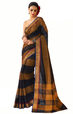 

Ishin Woven Fashion Cotton Saree(Black), Black & golden