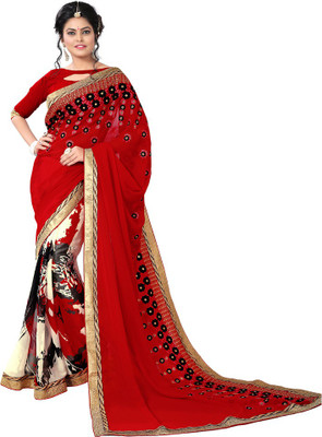 

Saara Solid, Plain, Floral Print, Printed Fashion Georgette Saree(Multicolor), Red